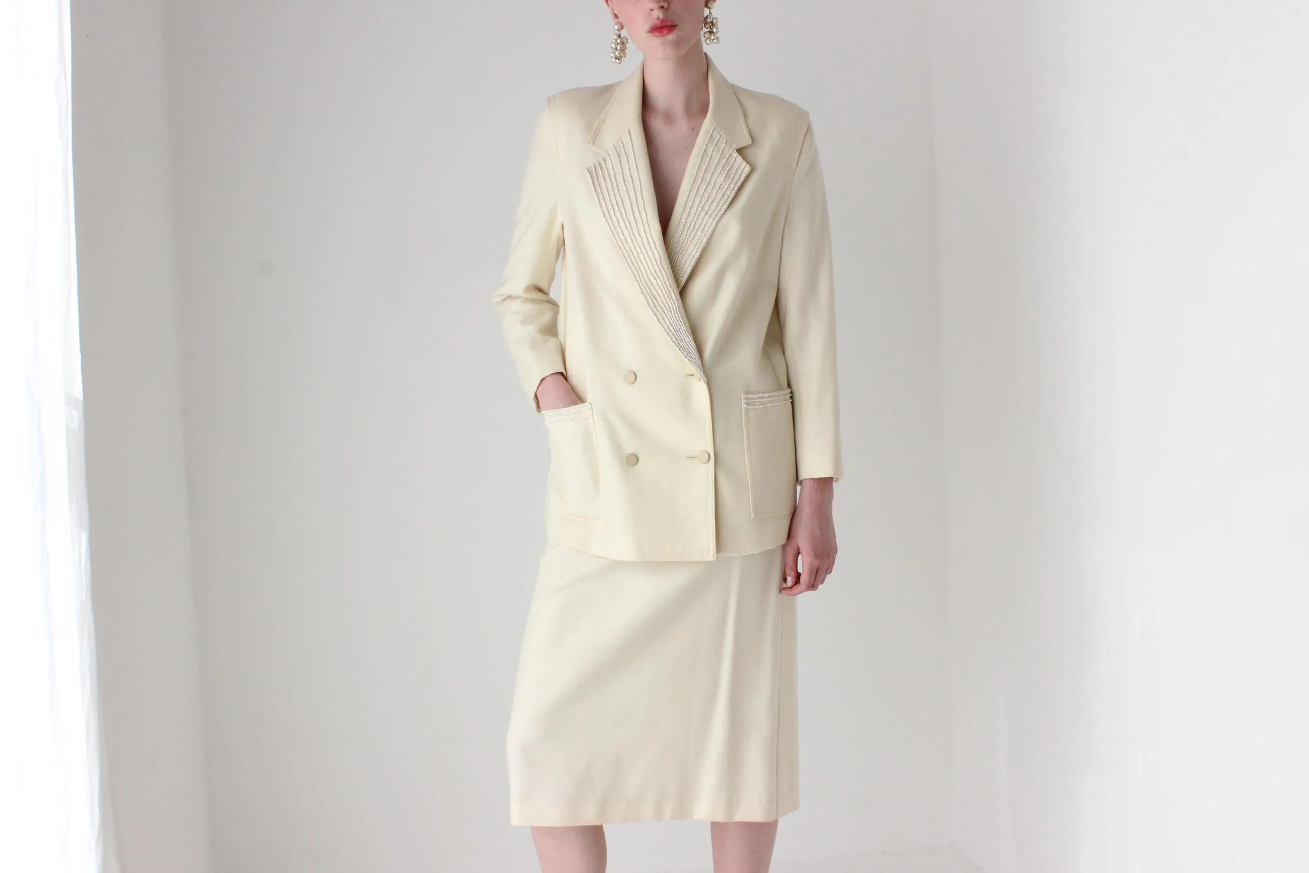 1980s Pure Wool Pearl Encrusted Bridal Skirt Suit