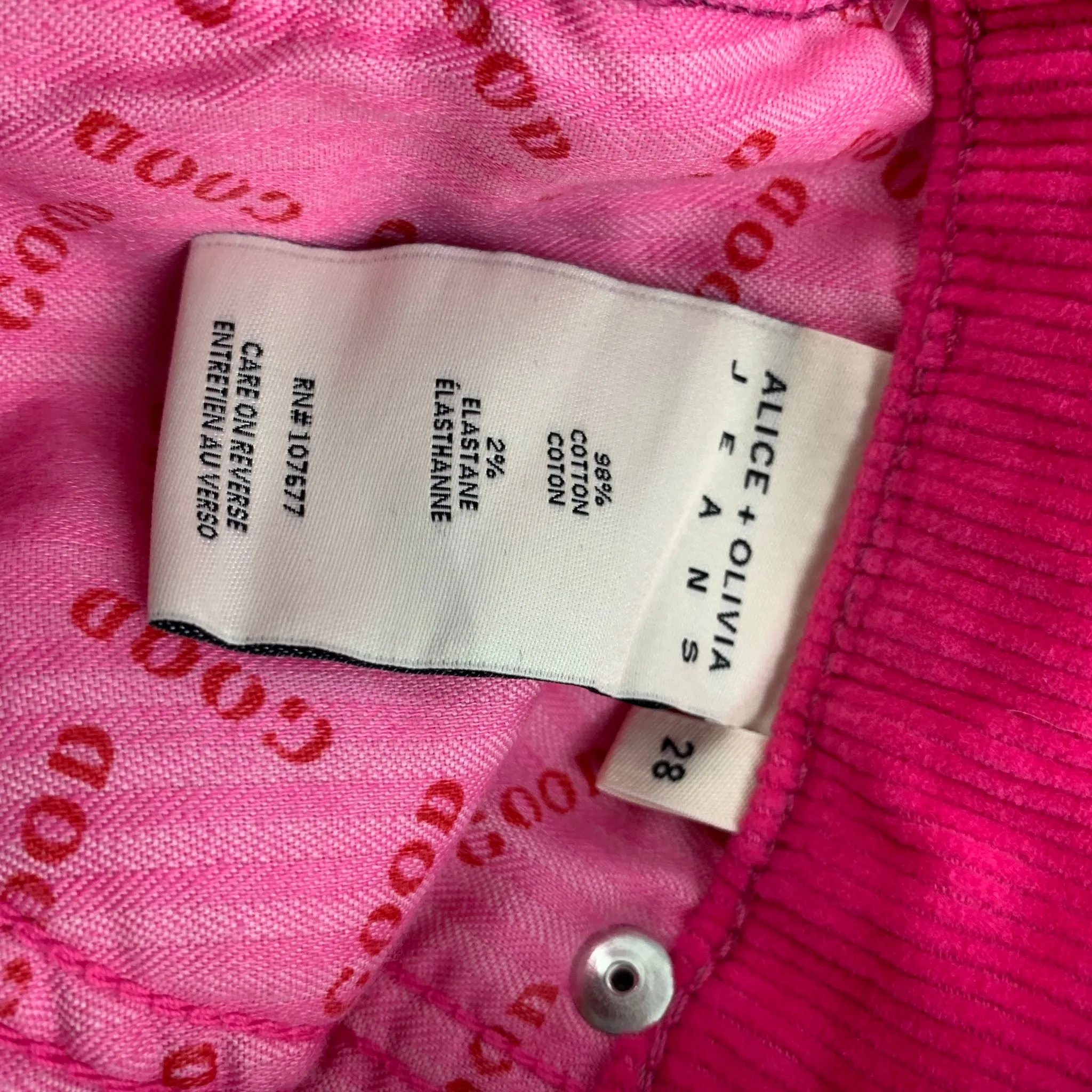 ALICE   OLIVIA Size 28 Pink Cotton Corduroy Jean Cut Casual Pants