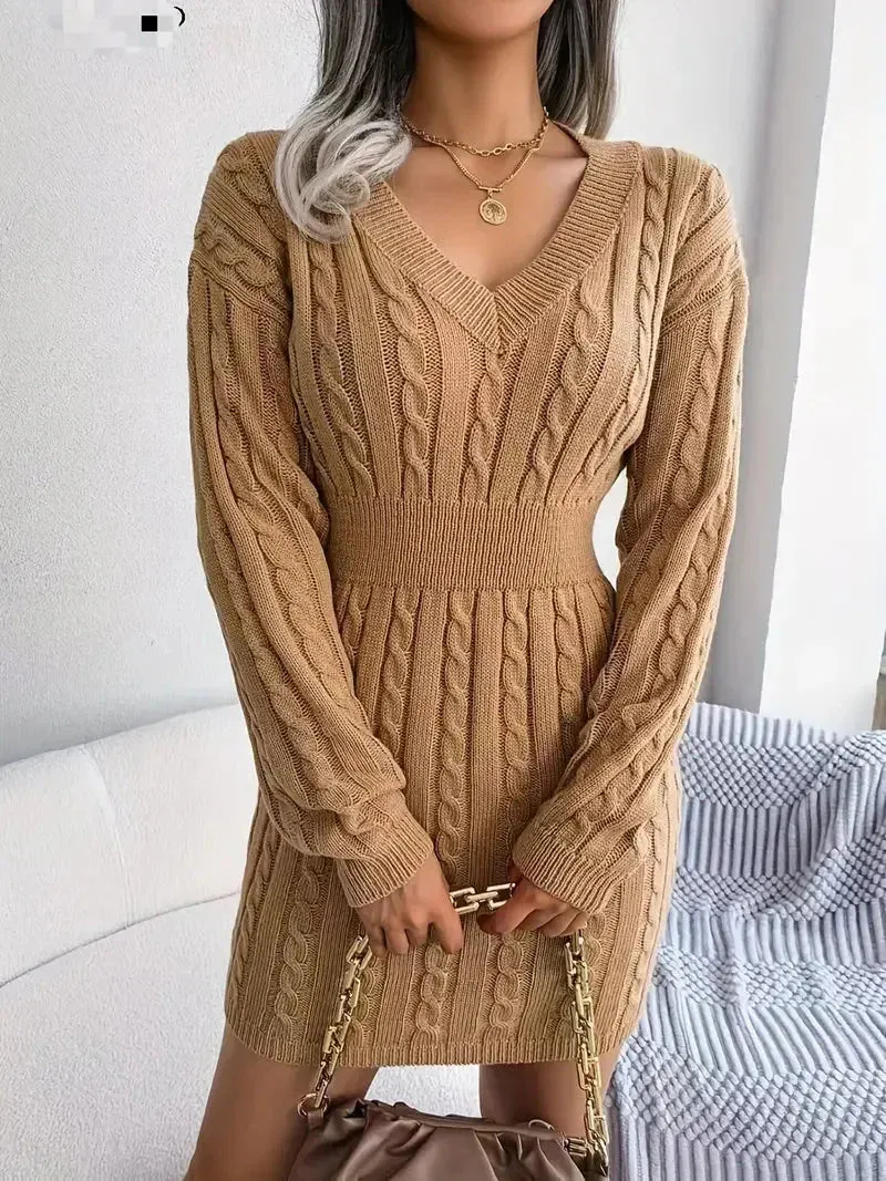Amozae-nye outfits back to school dress  Cable Knit V Neck Sweater Dress