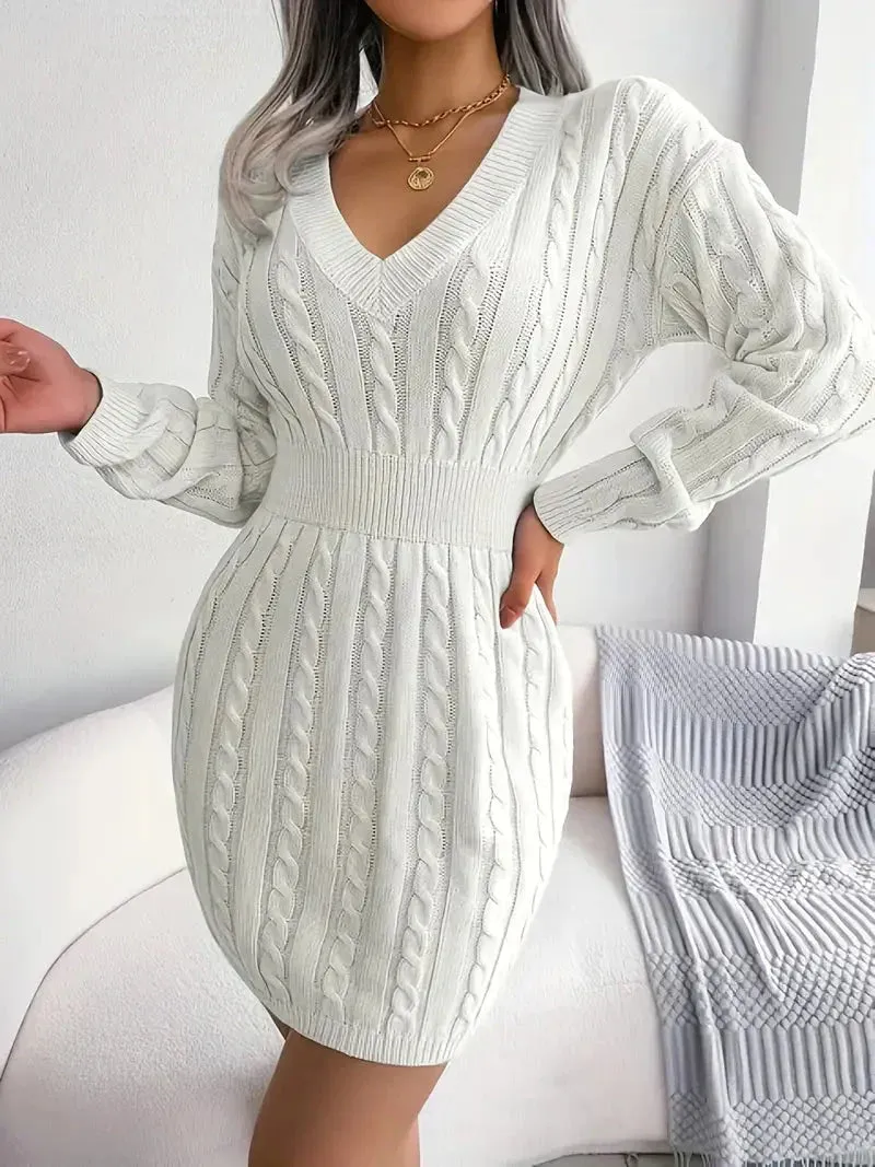 Amozae-nye outfits back to school dress  Cable Knit V Neck Sweater Dress