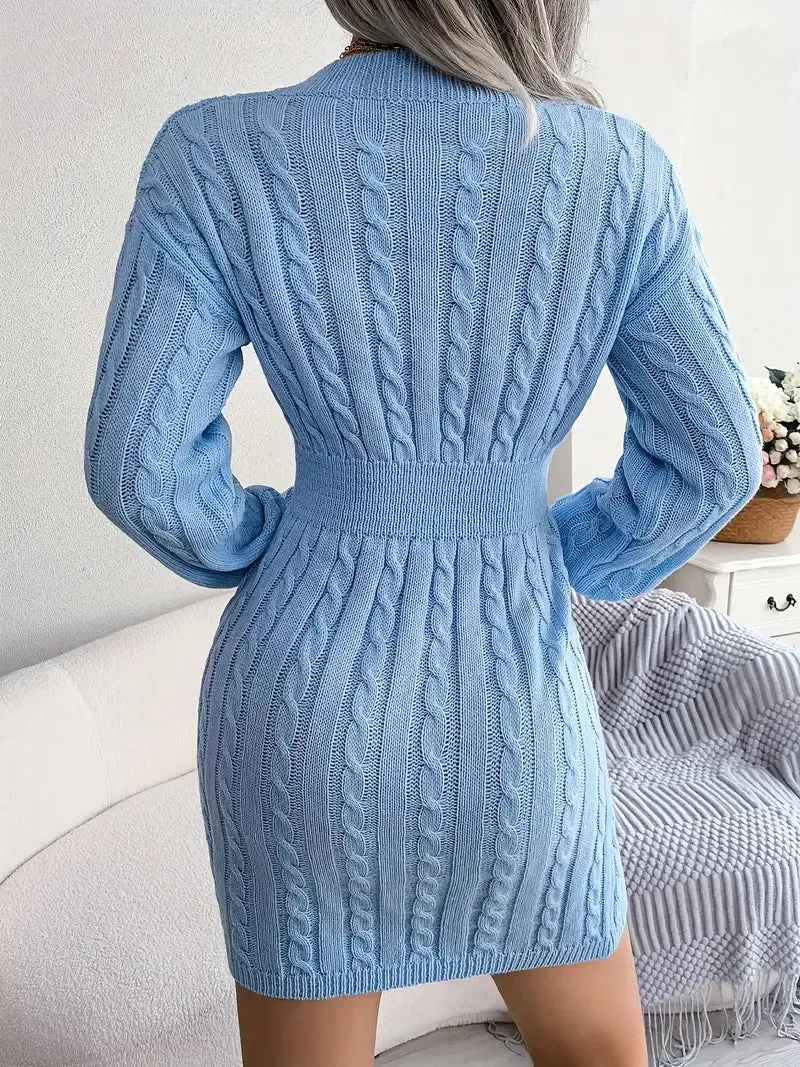 Amozae-nye outfits back to school dress  Cable Knit V Neck Sweater Dress