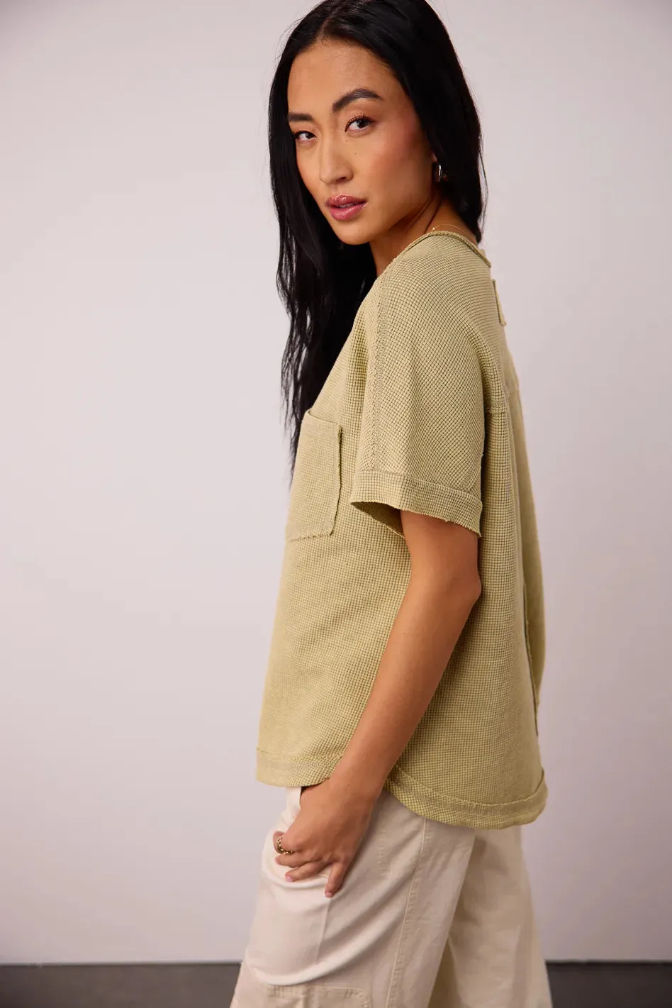 Ariella Waffle Knit Top in Sage - FINAL SALE