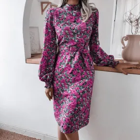 Autumn And Winter Floral Stand-Up Collar Lantern Long-Sleeved Chiffon Dress