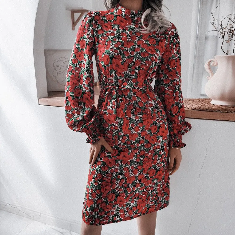 Autumn And Winter Floral Stand-Up Collar Lantern Long-Sleeved Chiffon Dress