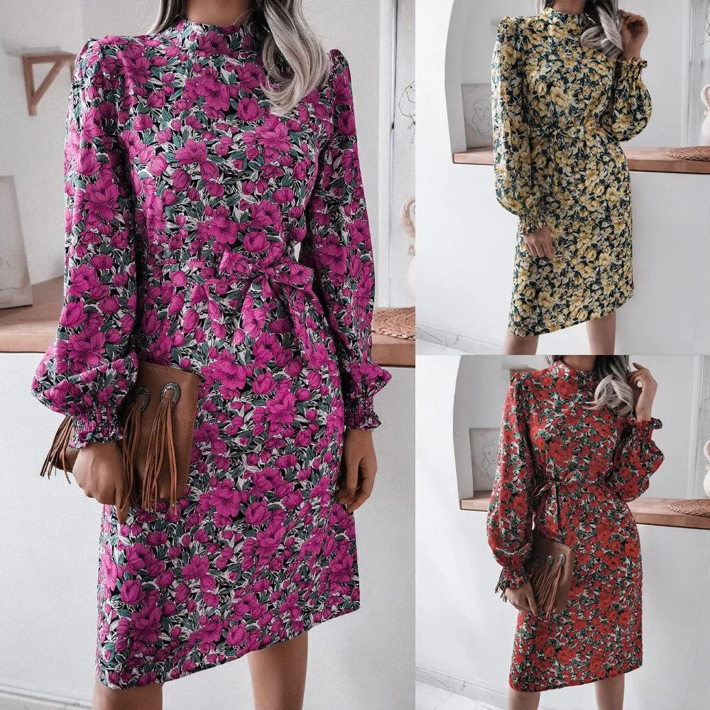Autumn And Winter Floral Stand-Up Collar Lantern Long-Sleeved Chiffon Dress