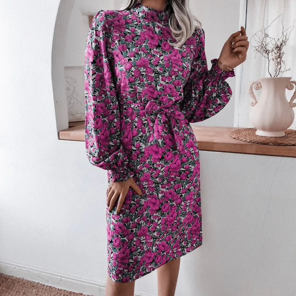Autumn And Winter Floral Stand-Up Collar Lantern Long-Sleeved Chiffon Dress