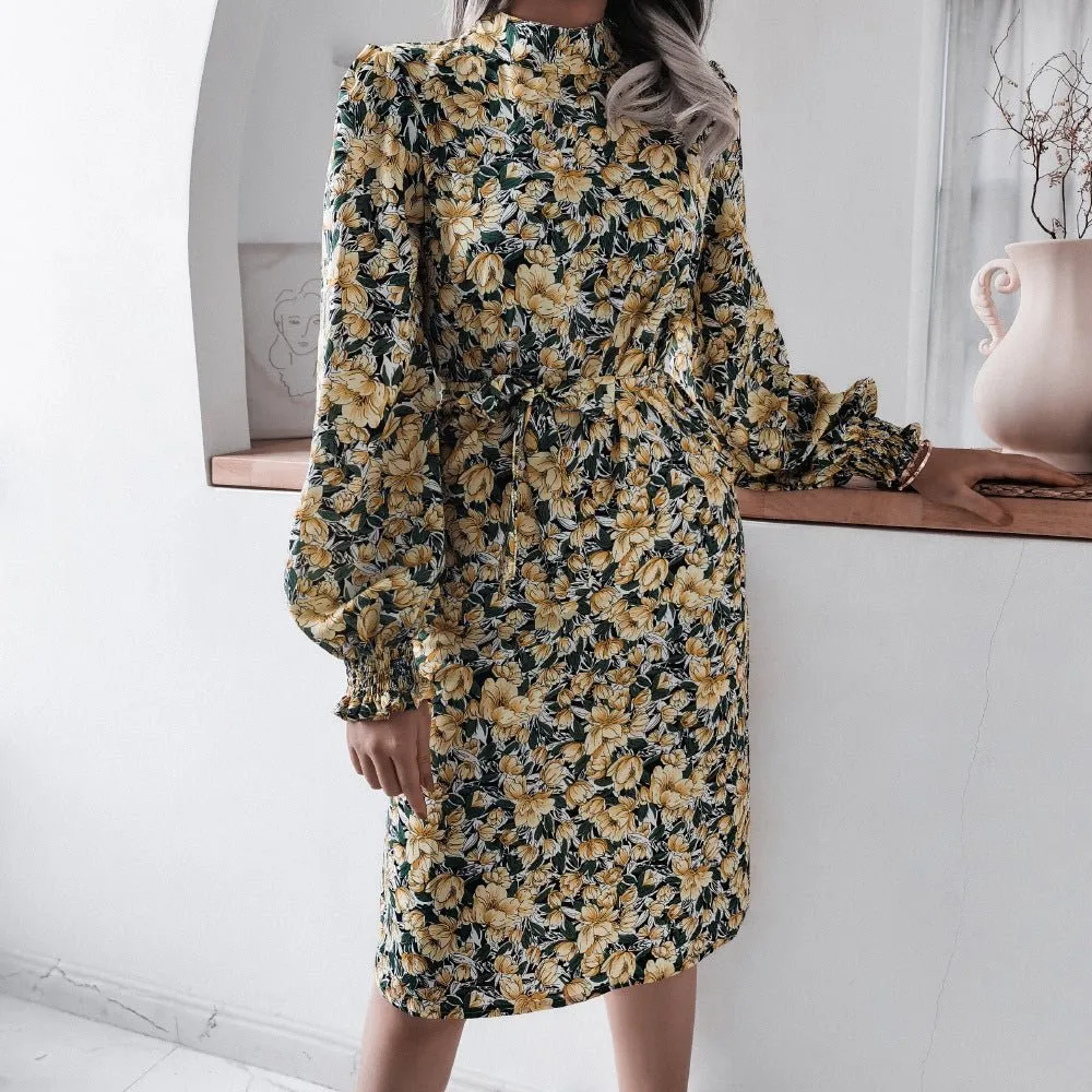 Autumn And Winter Floral Stand-Up Collar Lantern Long-Sleeved Chiffon Dress