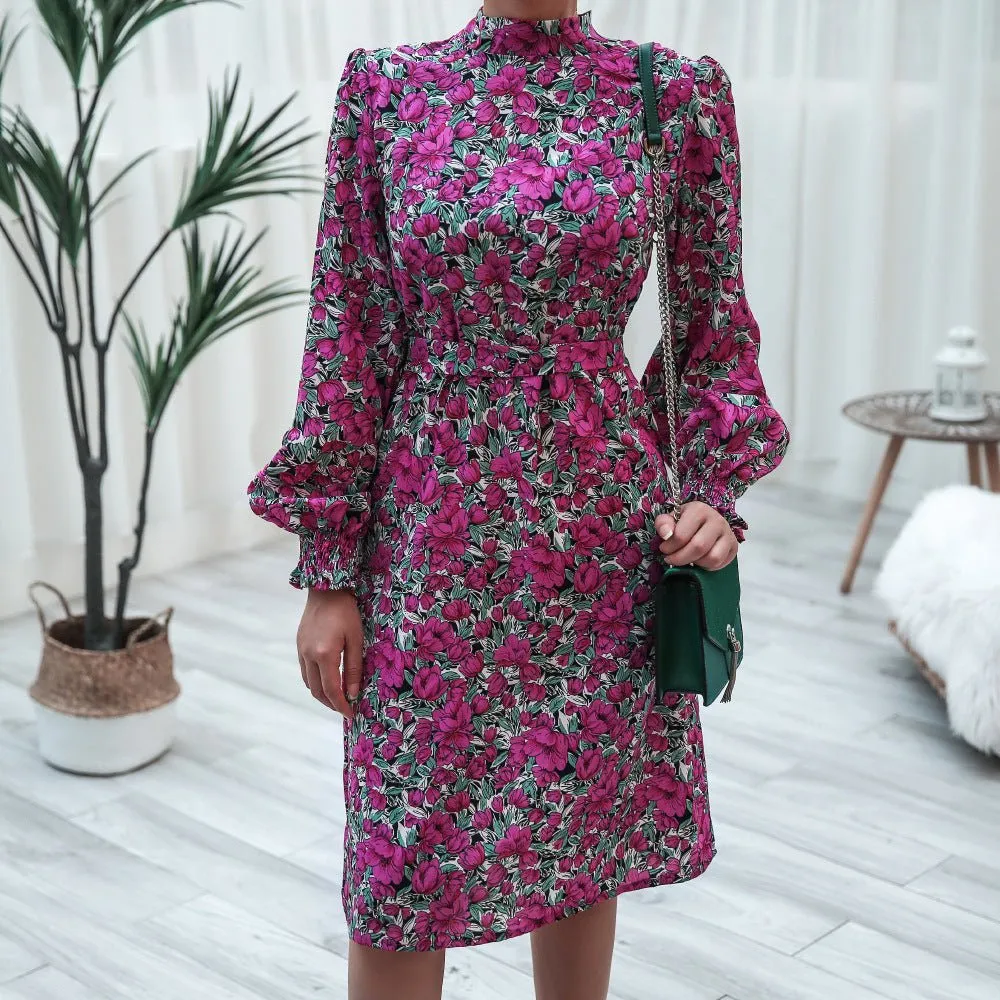 Autumn And Winter Floral Stand-Up Collar Lantern Long-Sleeved Chiffon Dress