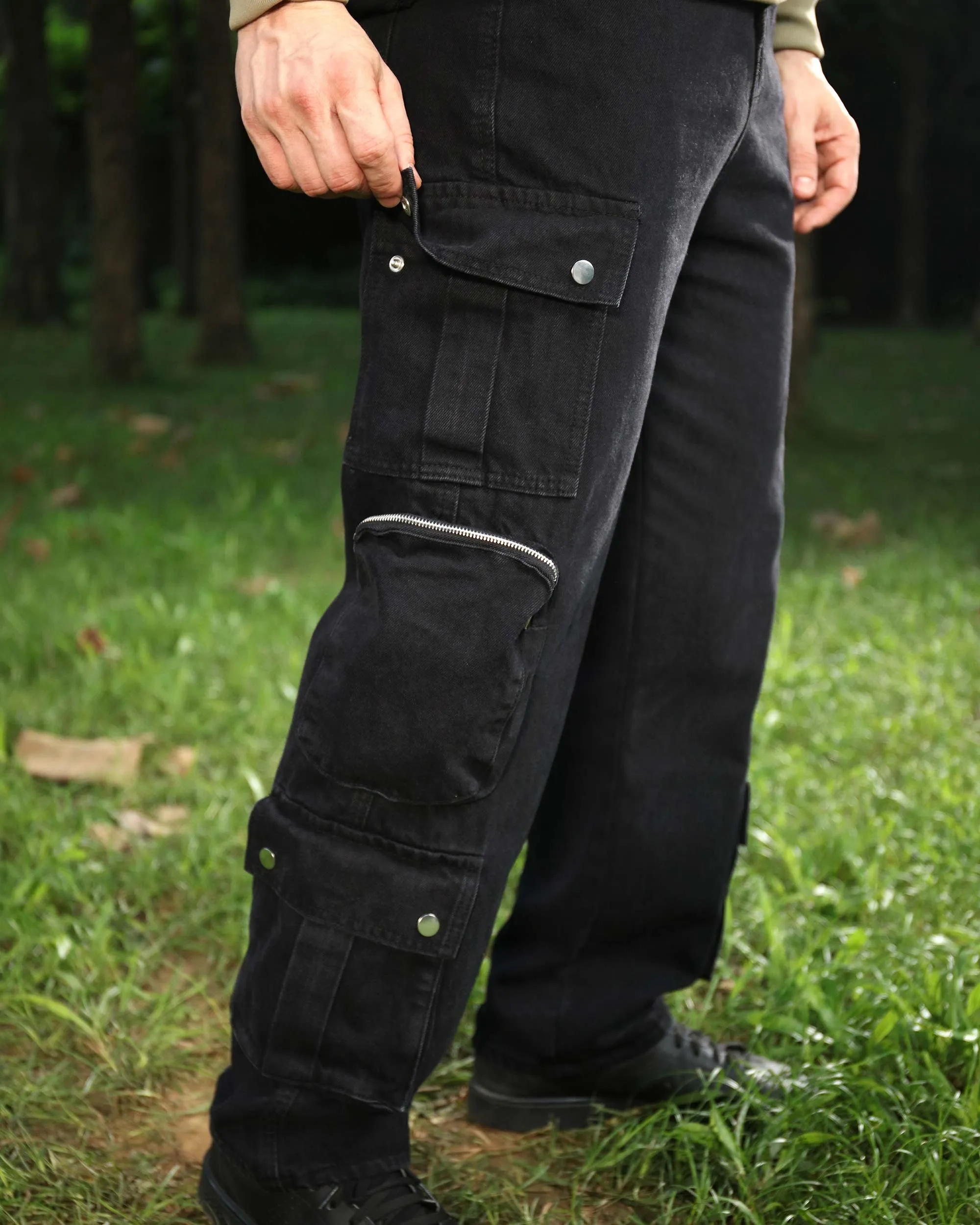 Black Baggy Jeans with Zip and Cargo Pockets-Mexico Local Delivery