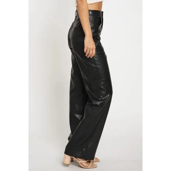 Black Pu Leather Cargo Full Pants