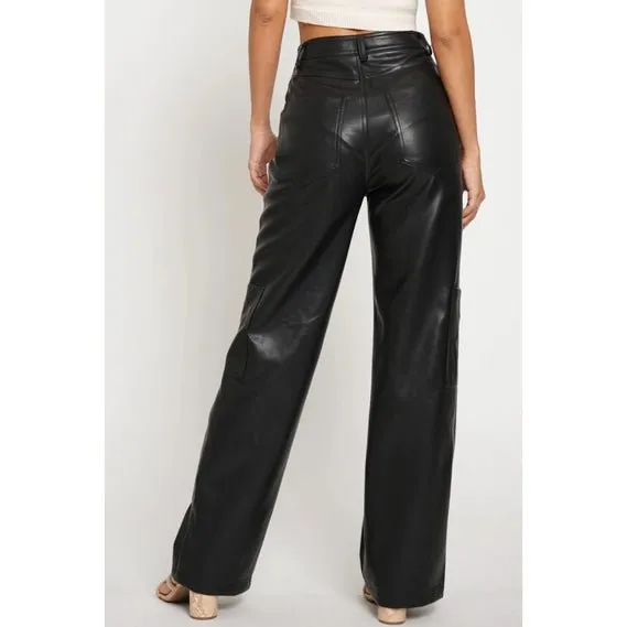 Black Pu Leather Cargo Full Pants