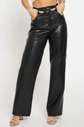 Black Pu Leather Cargo Full Pants