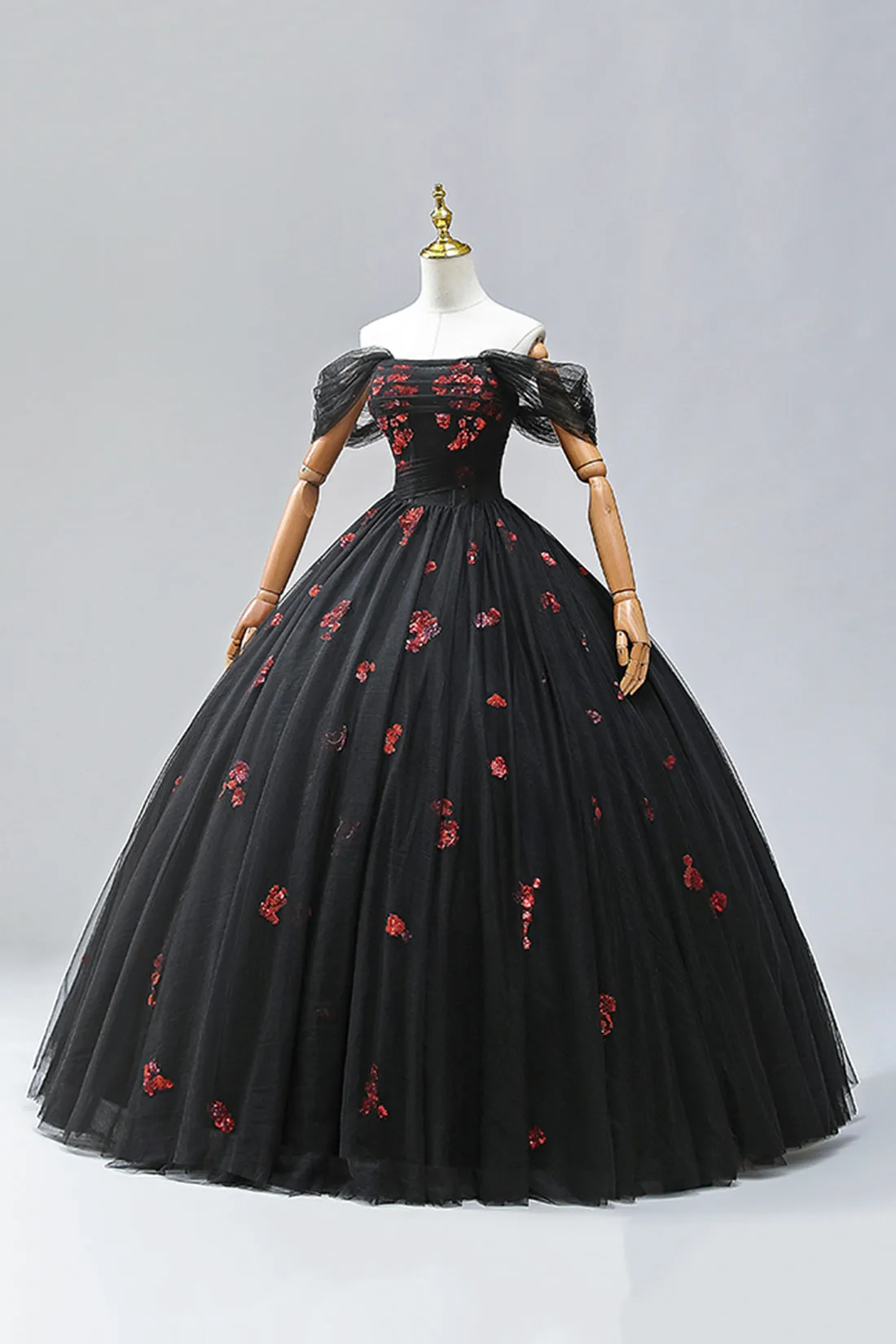 Black Tulle Sequins Long Formal Dress, A-Line Off the Shoulder Backless Evening Dress