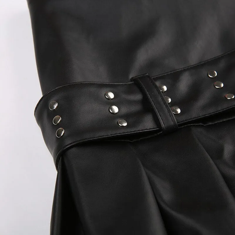 Black Zipper Rive Belted Pleated Skirt