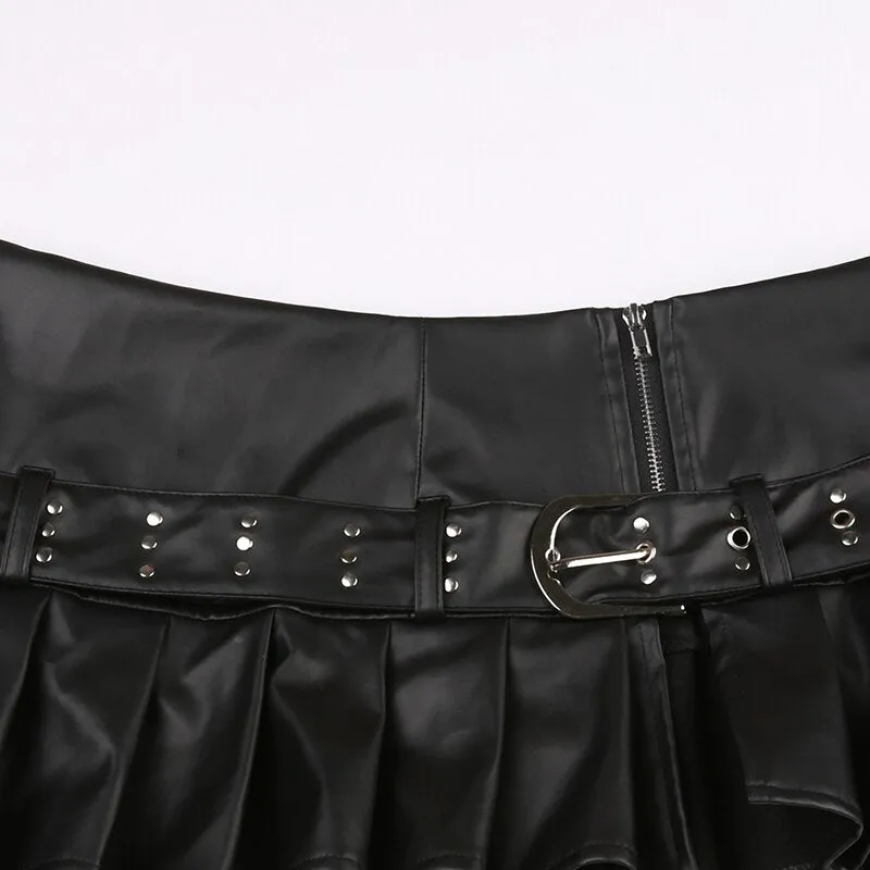 Black Zipper Rive Belted Pleated Skirt