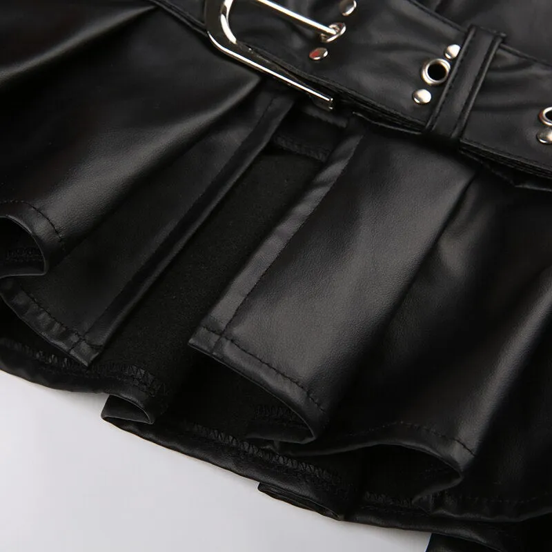 Black Zipper Rive Belted Pleated Skirt