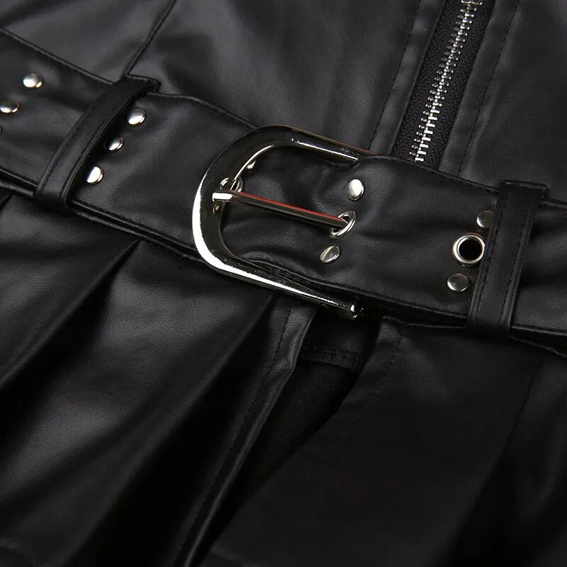 Black Zipper Rive Belted Pleated Skirt