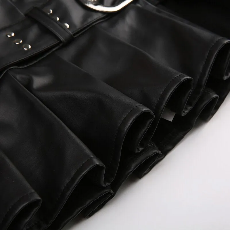 Black Zipper Rive Belted Pleated Skirt
