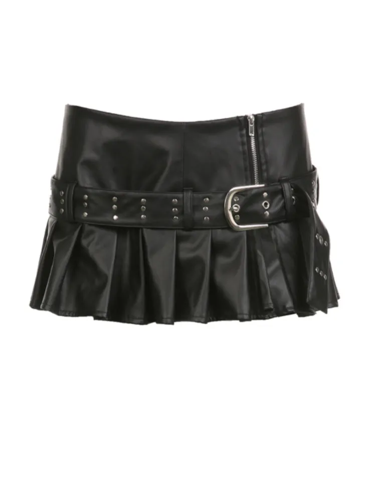 Black Zipper Rive Belted Pleated Skirt