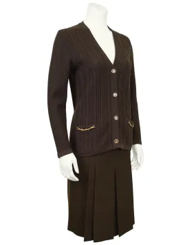 Brown Wool Cardigan and Gabardine Skirt Ensemble