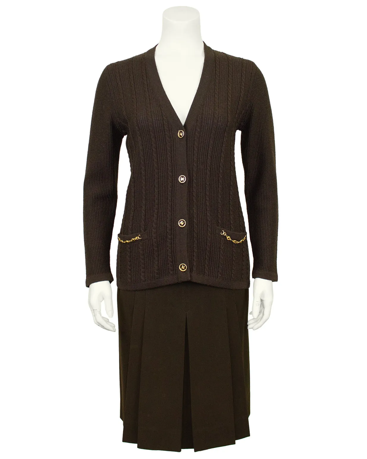 Brown Wool Cardigan and Gabardine Skirt Ensemble