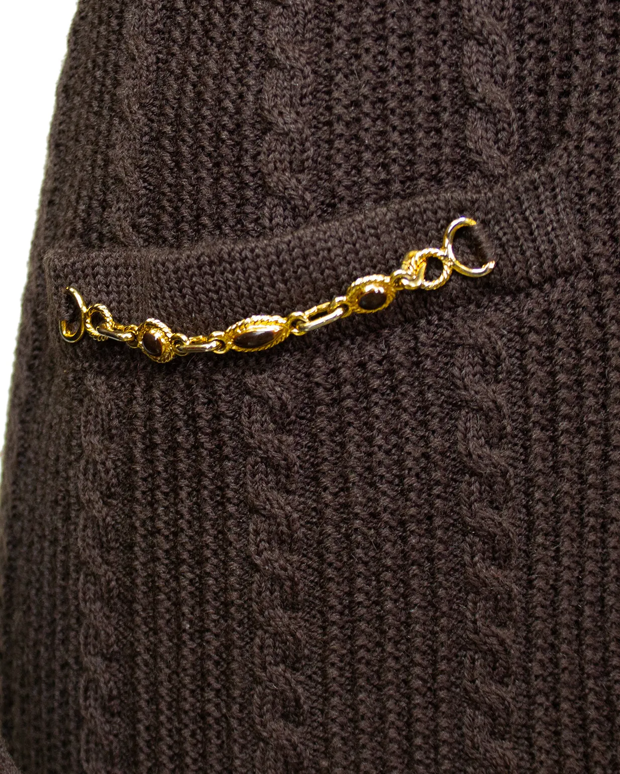 Brown Wool Cardigan and Gabardine Skirt Ensemble
