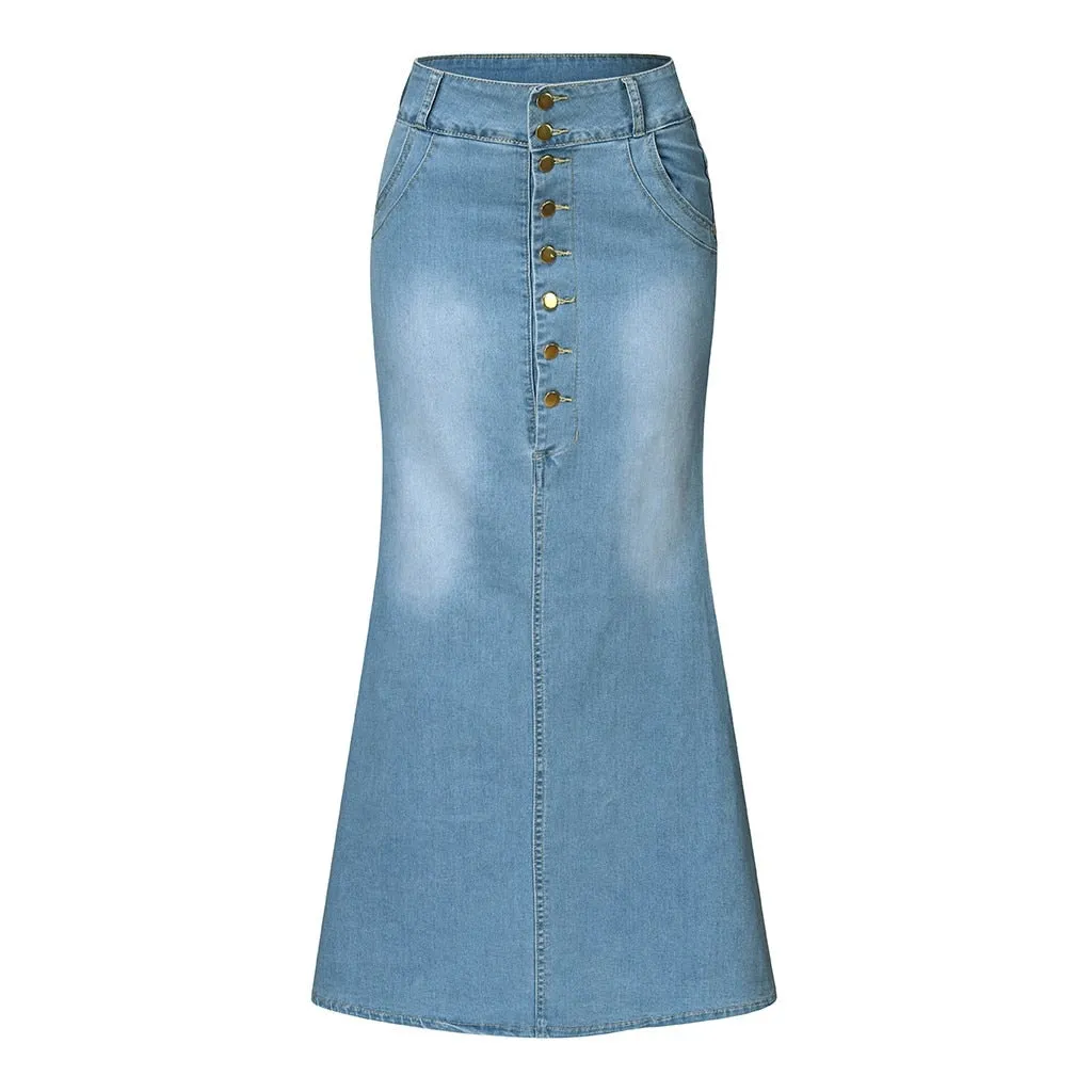 Casual Front Button Washed Denim Long Skirt