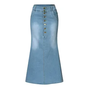 Casual Front Button Washed Denim Long Skirt