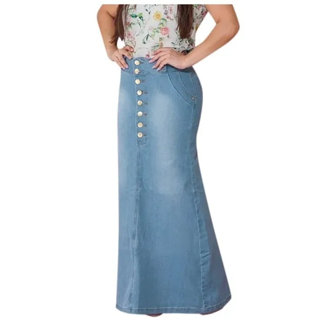 Casual Front Button Washed Denim Long Skirt