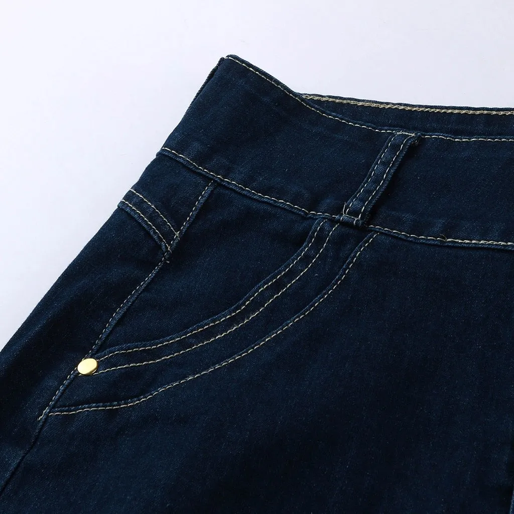 Casual Front Button Washed Denim Long Skirt