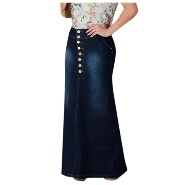 Casual Front Button Washed Denim Long Skirt