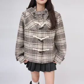 Check hoodie half duffle coat