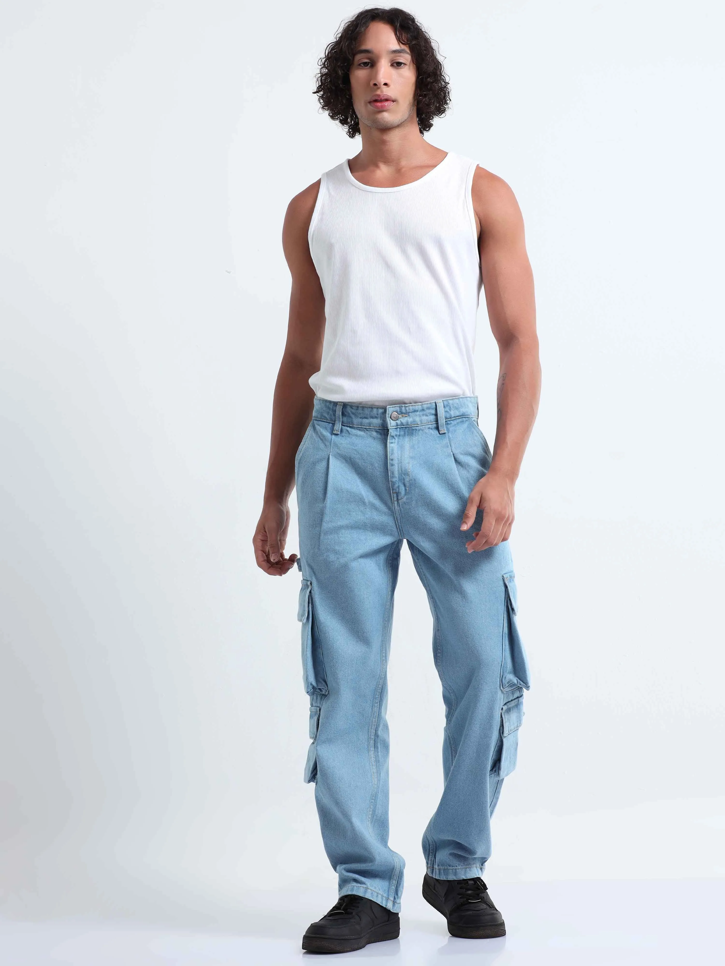 Classic Relaxed Light Blue Double Cargo Denim