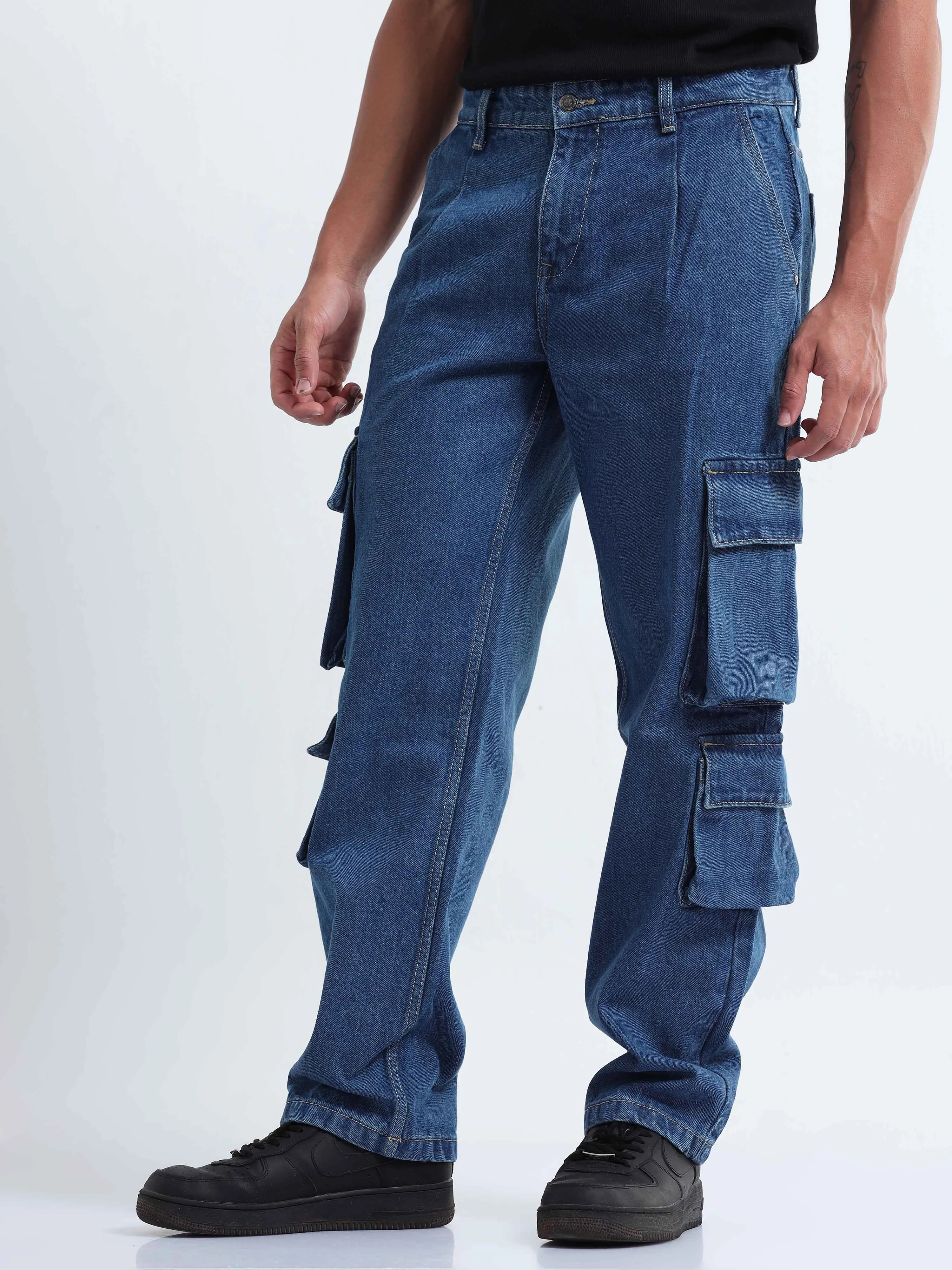 Classic Relaxed Mid Blue Double Cargo Denim