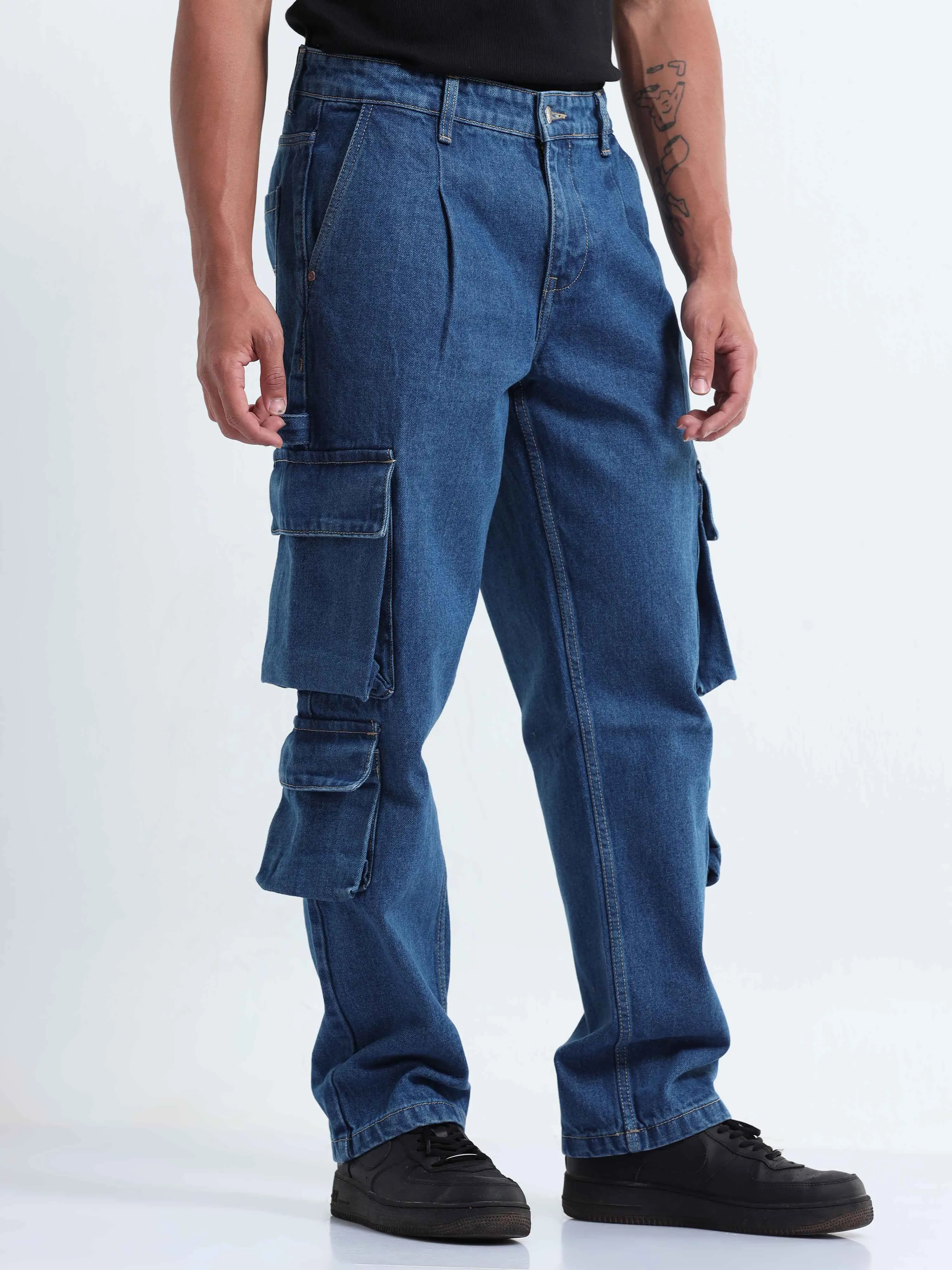 Classic Relaxed Mid Blue Double Cargo Denim