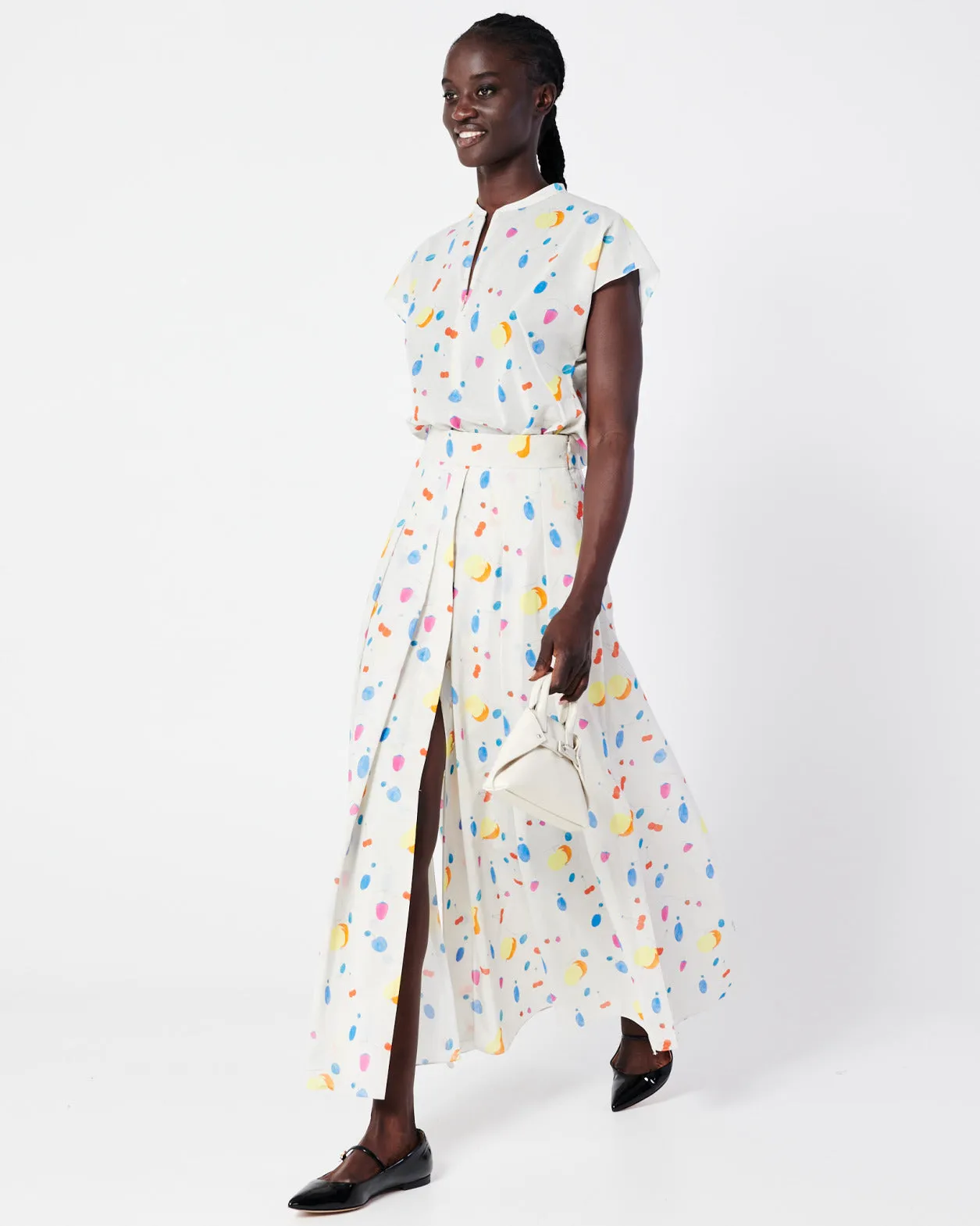 Cotton Pleated Midi Skirt with Fruits Print