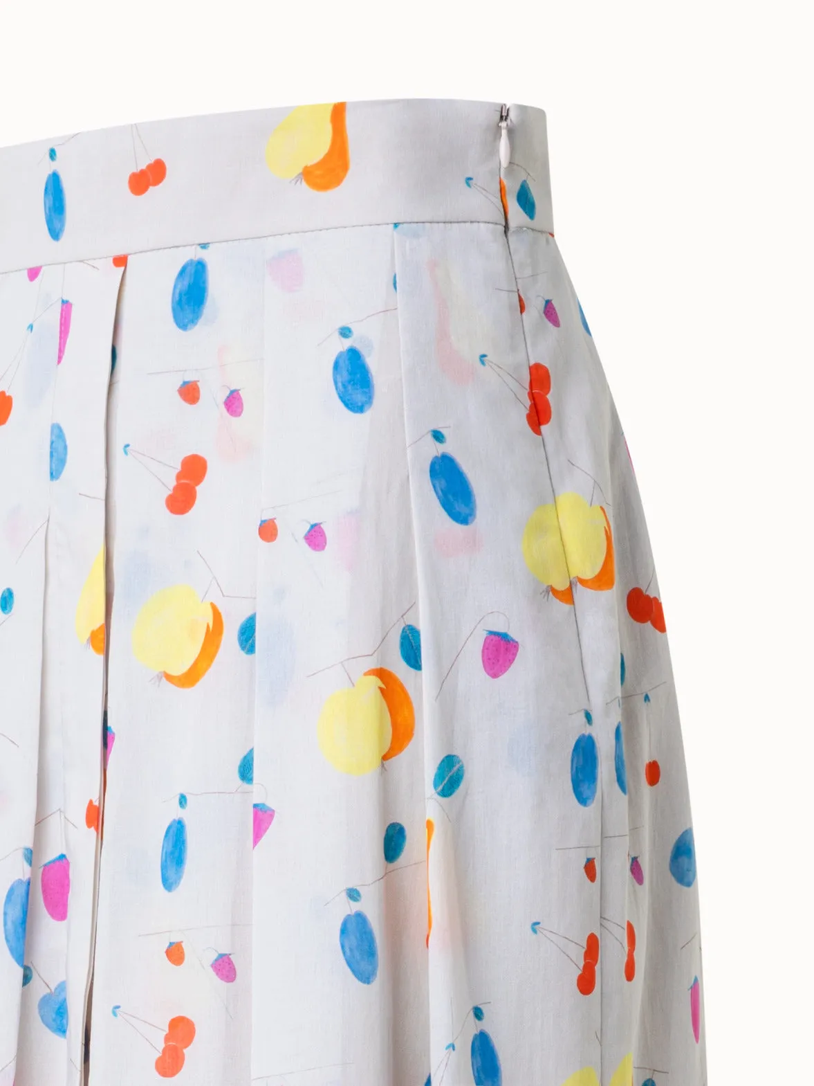 Cotton Pleated Midi Skirt with Fruits Print