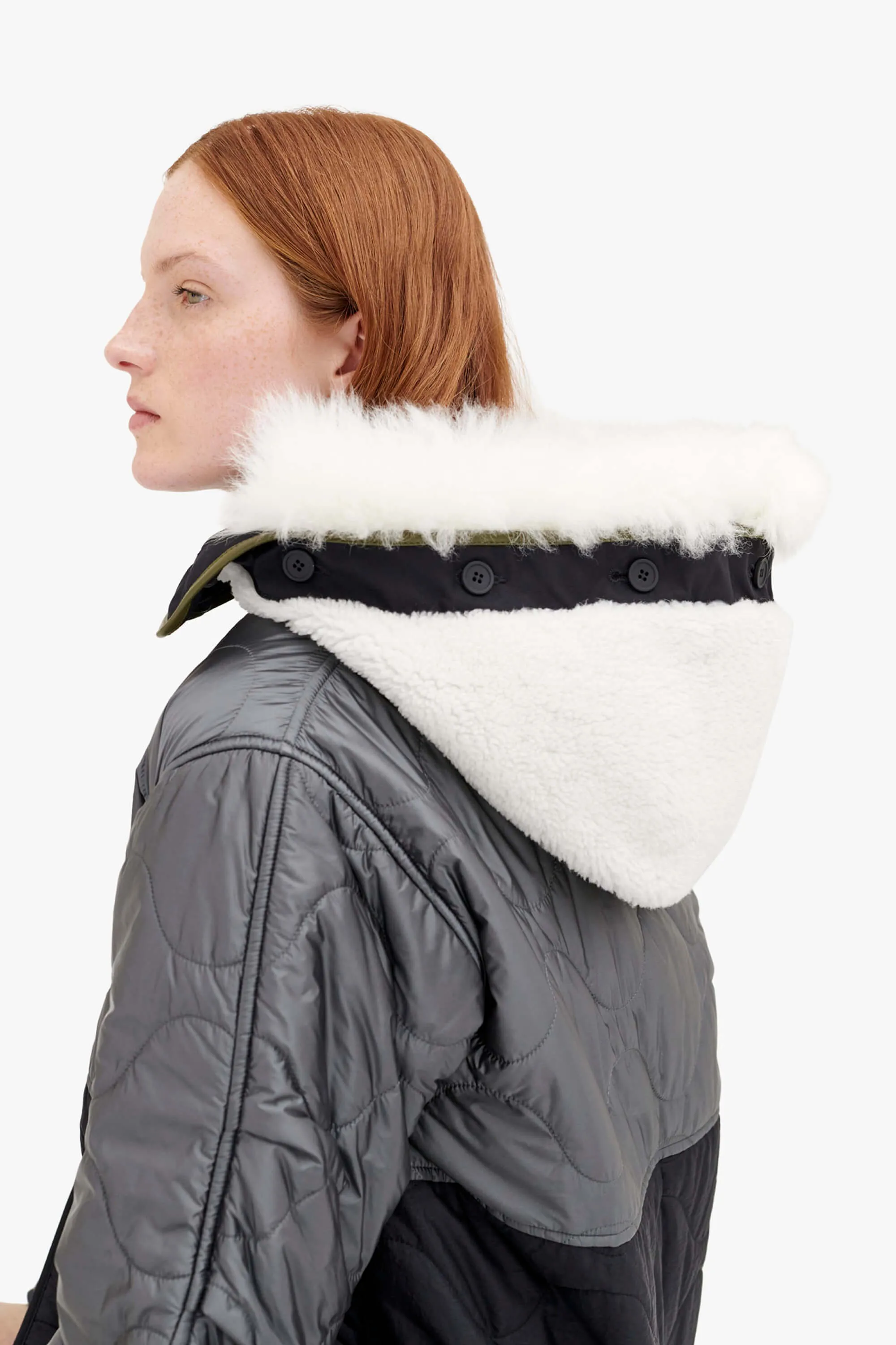 Down Quilt Hood Shearling Trim - Black / Natural