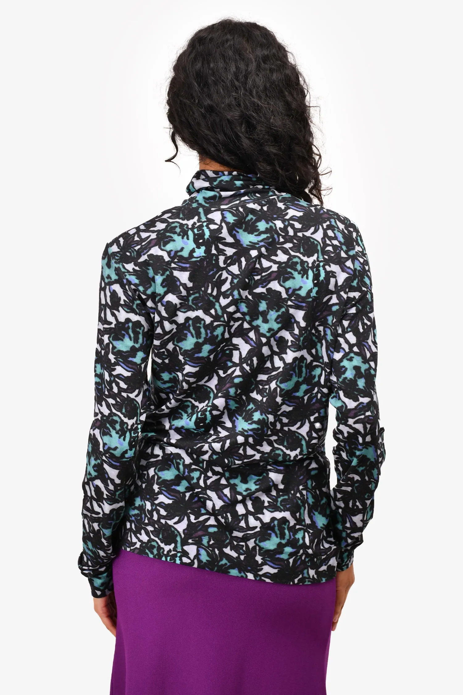 Dries Van Noten Teal Printed Turtleneck Top Size L