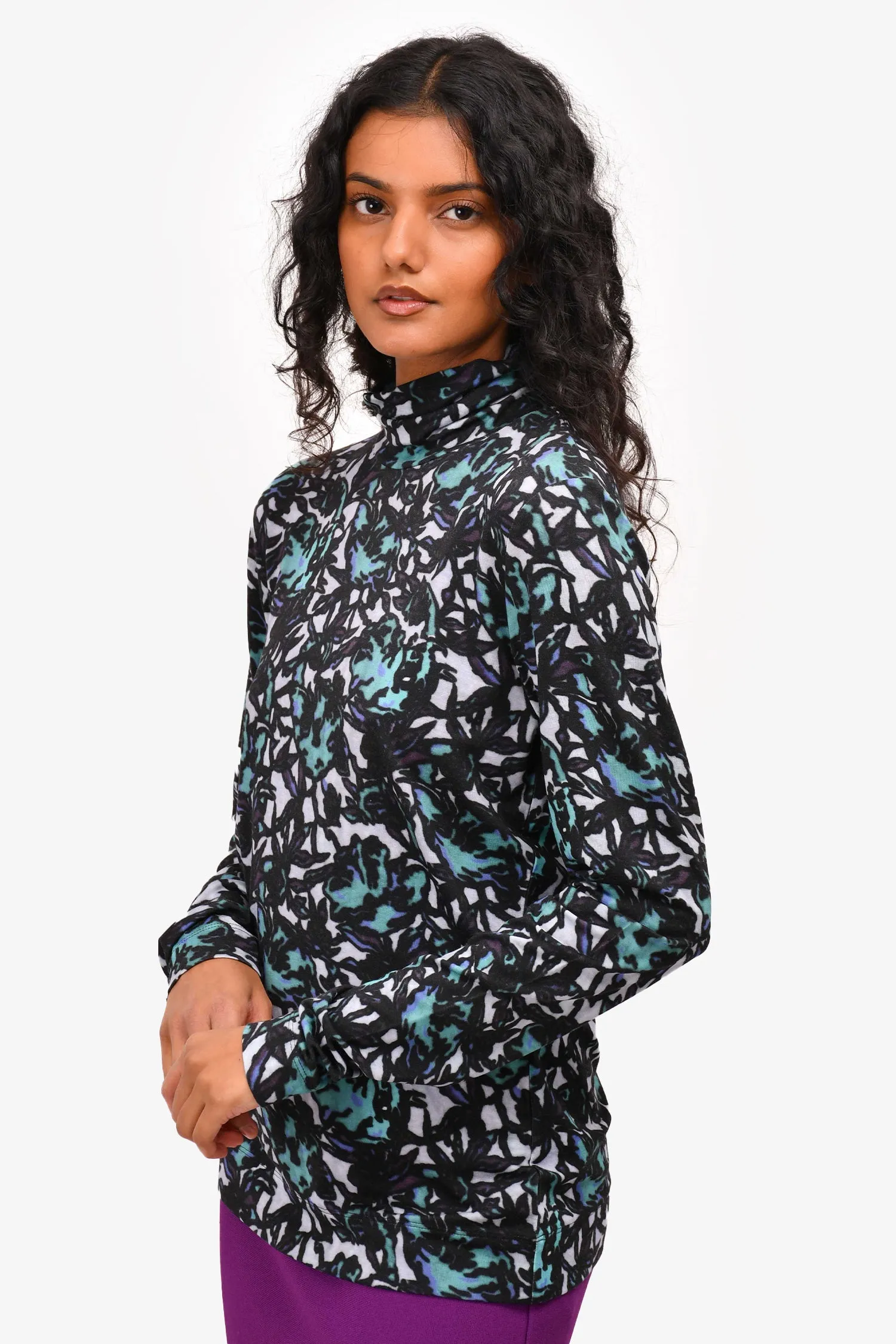 Dries Van Noten Teal Printed Turtleneck Top Size L
