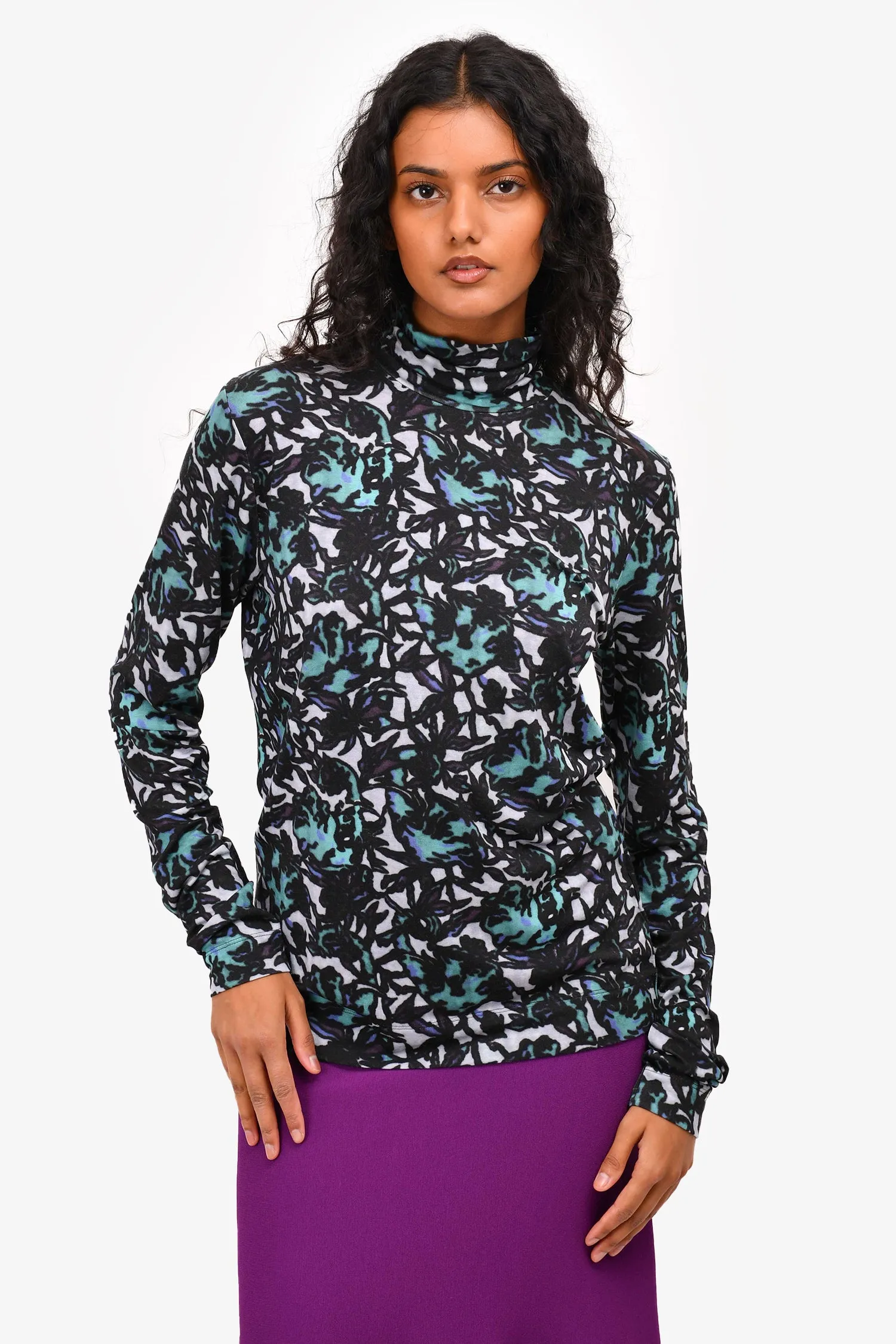 Dries Van Noten Teal Printed Turtleneck Top Size L