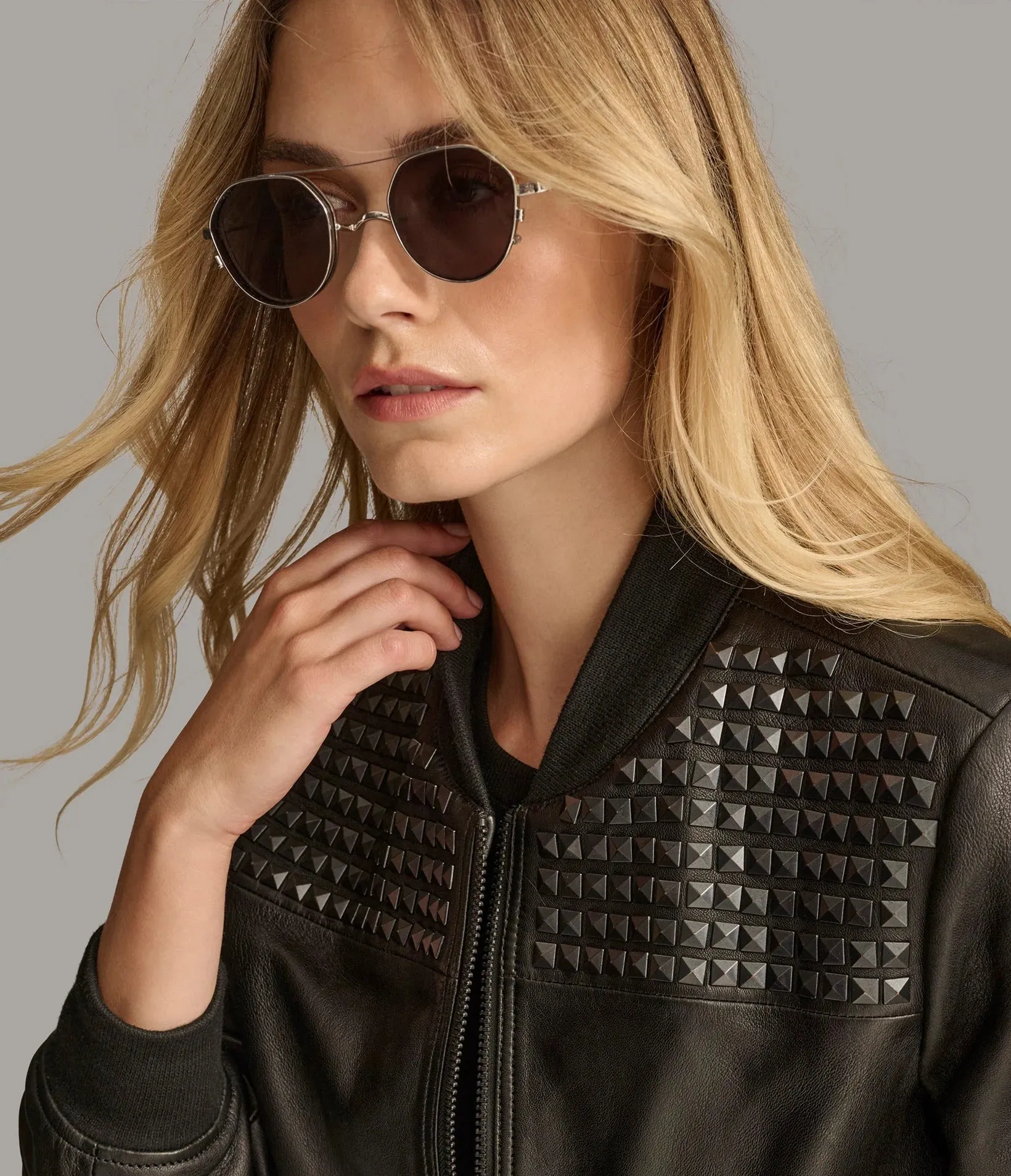 Edgy Women's Studded Bomber Leather Jacket