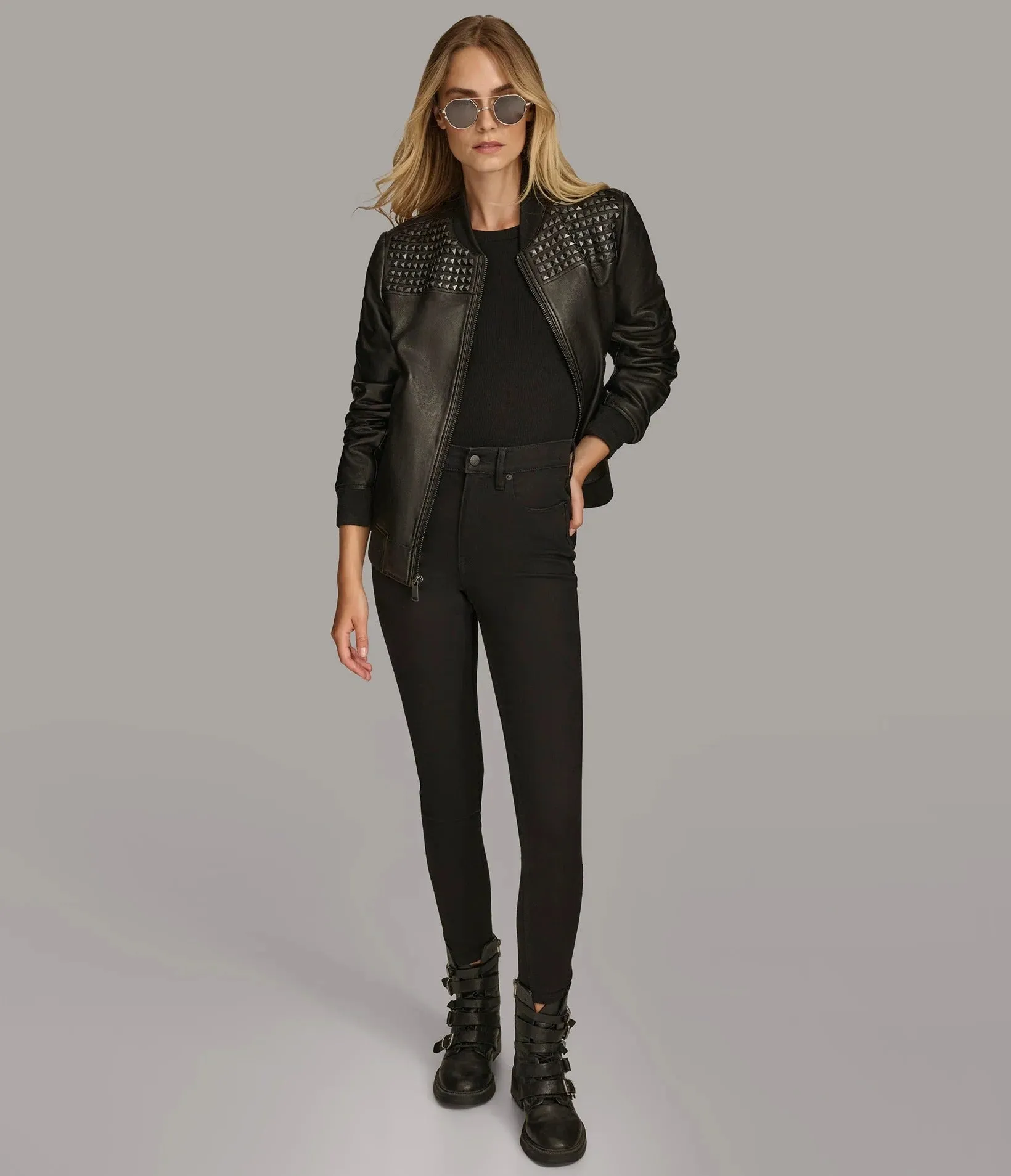 Edgy Women's Studded Bomber Leather Jacket