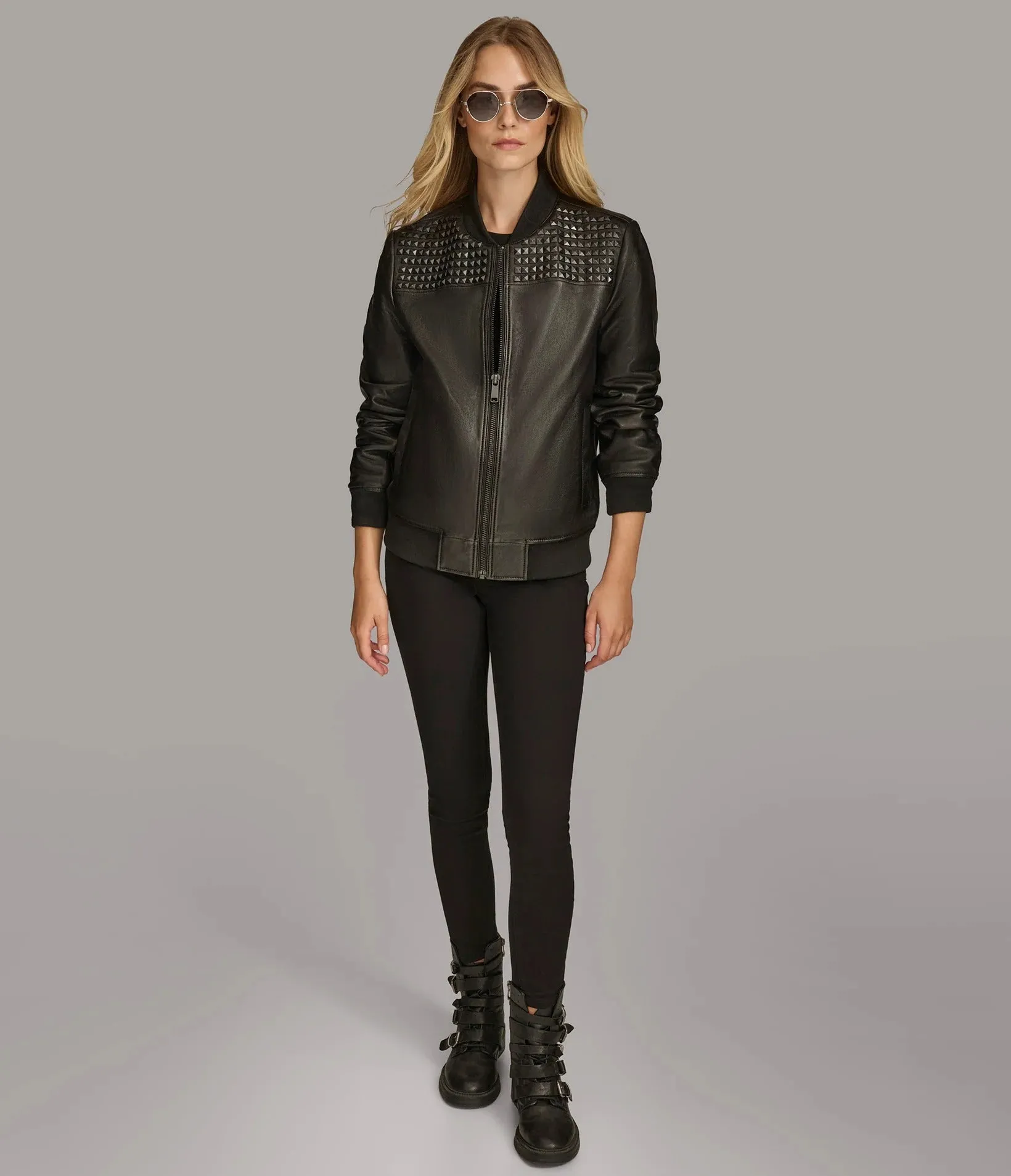 Edgy Women's Studded Bomber Leather Jacket