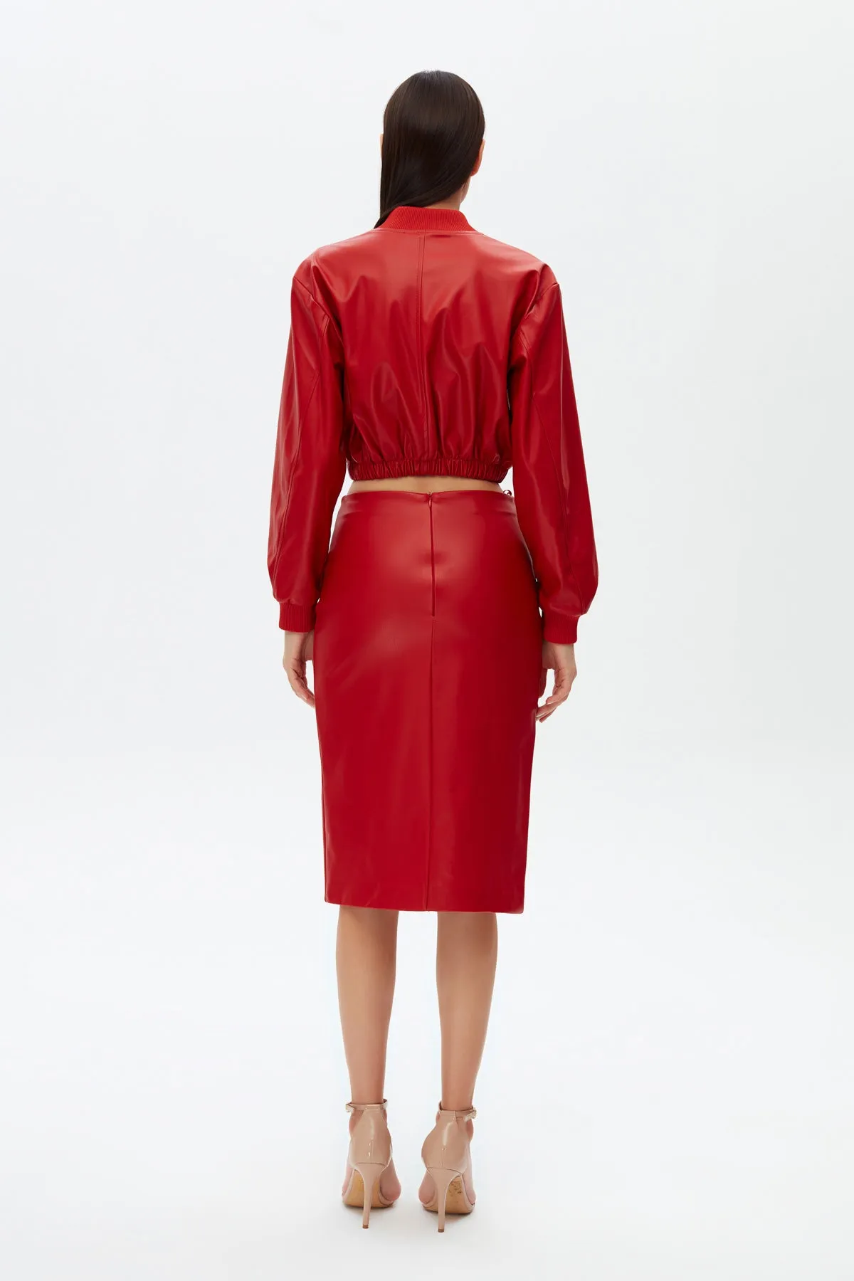 Firebrick slit detailed vegan leather skirt