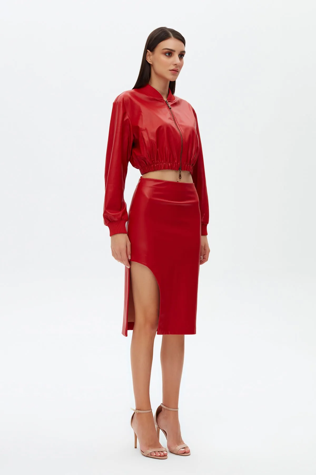 Firebrick slit detailed vegan leather skirt