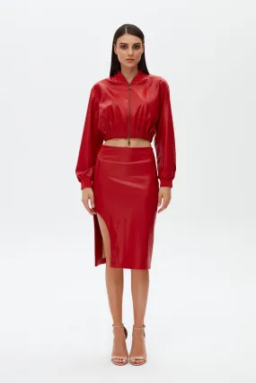 Firebrick slit detailed vegan leather skirt