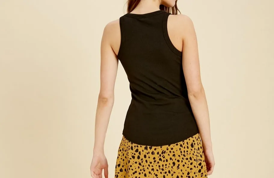 fitted rib knit high neck tank top - black