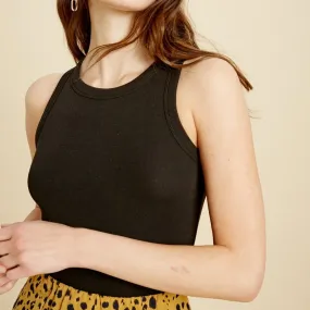 fitted rib knit high neck tank top - black