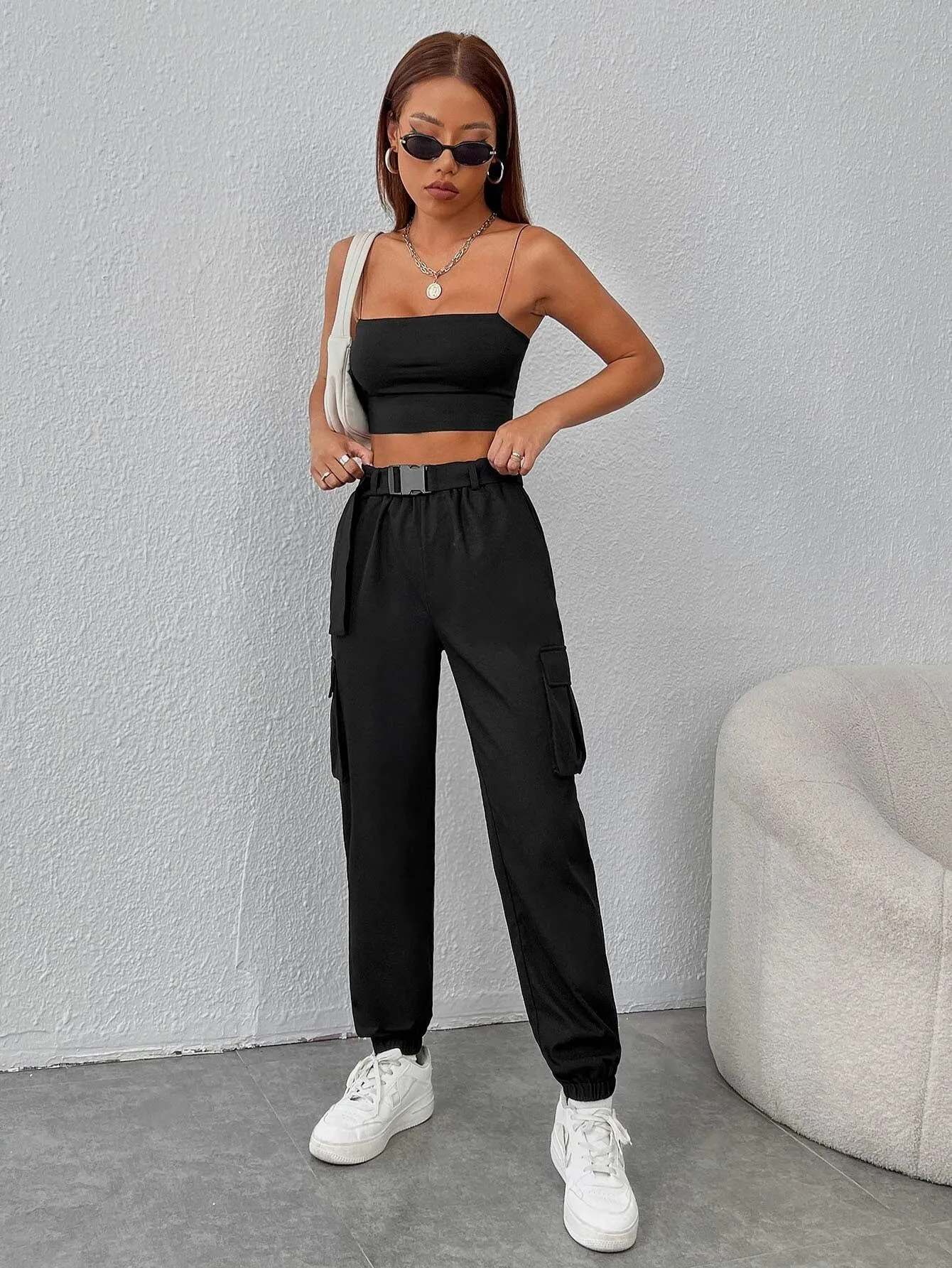 Flap Pocket Side Buckled Belted Cargo Pants